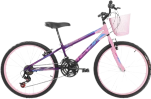 Bicicleta Feminina Infantil Aro 24 Quadro Wendy Adesivo Brilhoso 18 Marchas Com Cestinha Dianteira Rosa